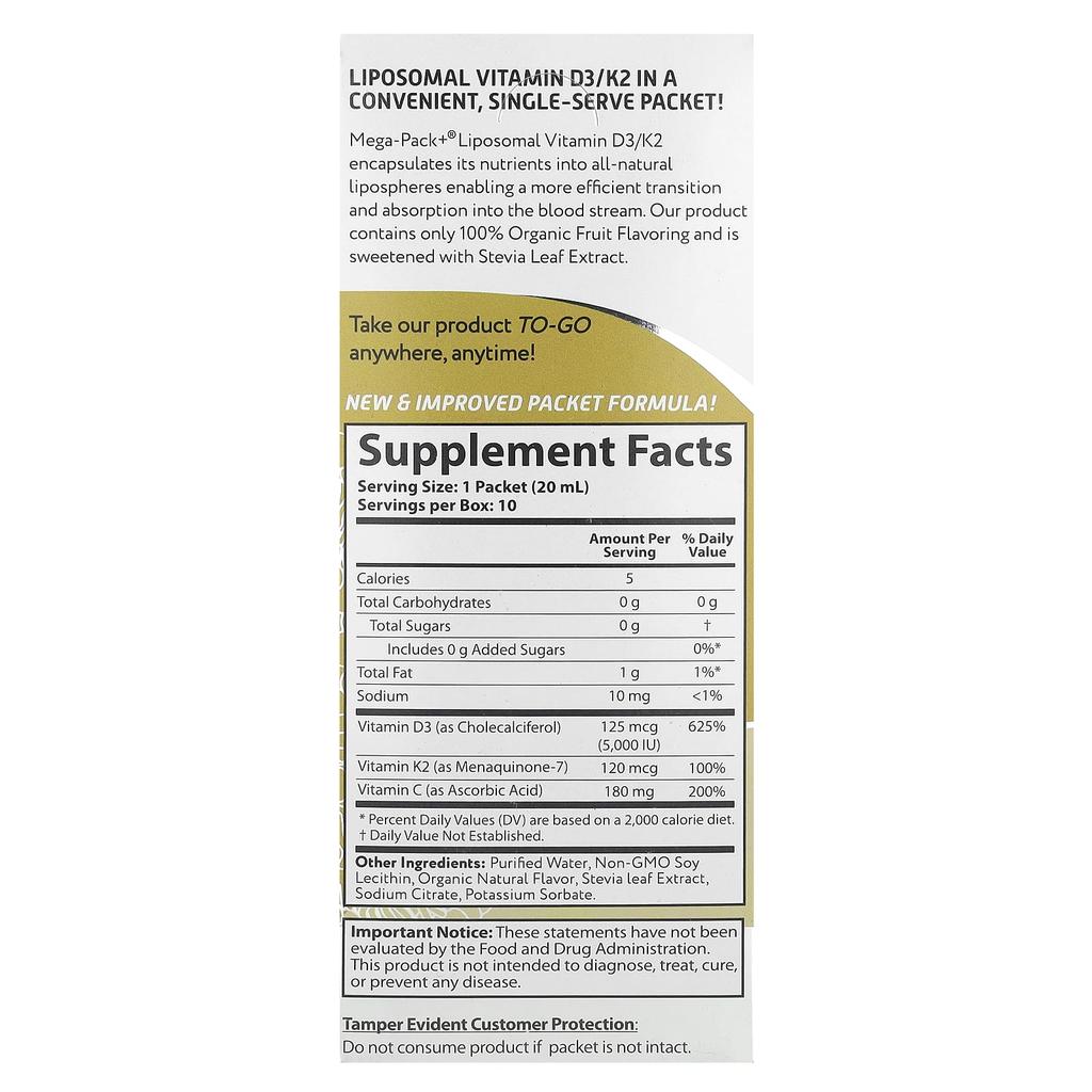 Liposomal Vitamin D3/K2, 10 Packets, 20 Ml (0.68 Fl Oz) Each
