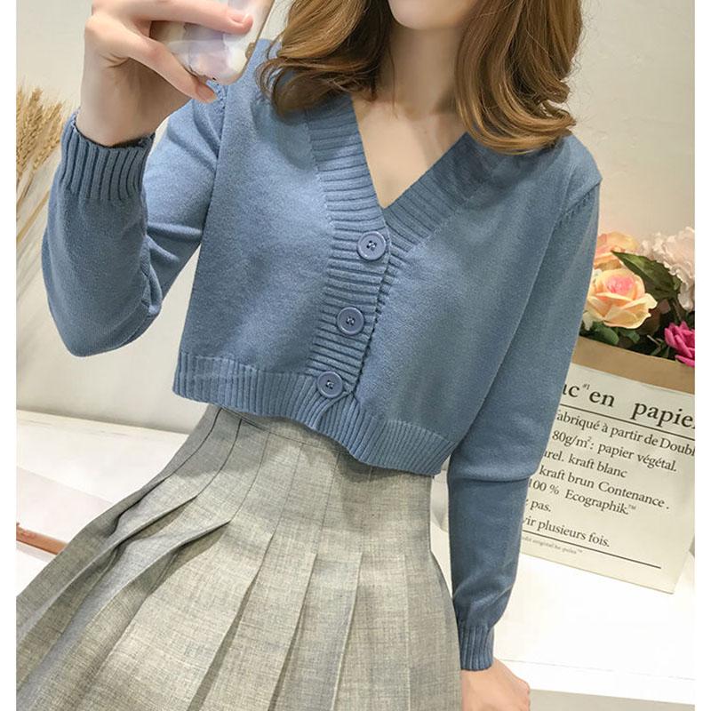 Strikkede cardigansgenser for kvinner med V-hals, Kvinne Uformell Korte cardigans i koreansk stil.