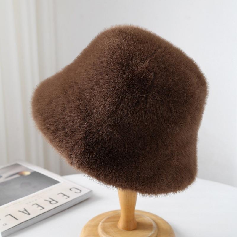 Winter Plush Hat Women's Thickened Warm Fashion Ear Protection Bucket Hat Imitation Mink Fur Windproof and Coldproof Basin Hat