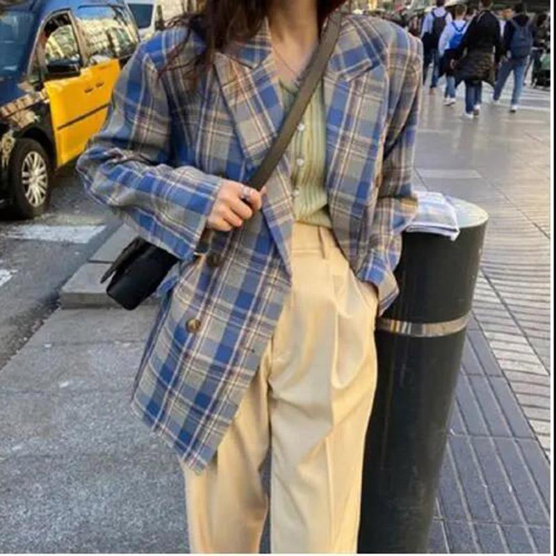 

Spring and Autumn Clothes Loose Temperament Plaid Suit Mid-length Suit Jacket Jacket Women S