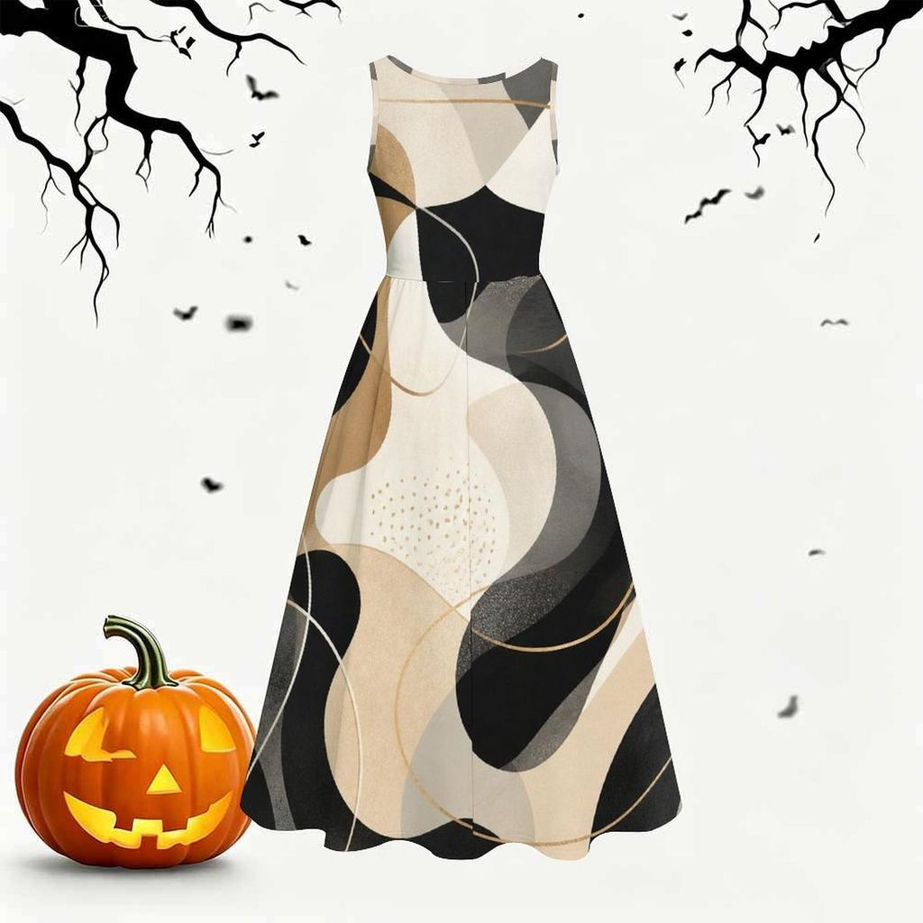 Women Plus Size Round Neck Sleeveless Abstract Printed Tie Waist A Line Long Dress
