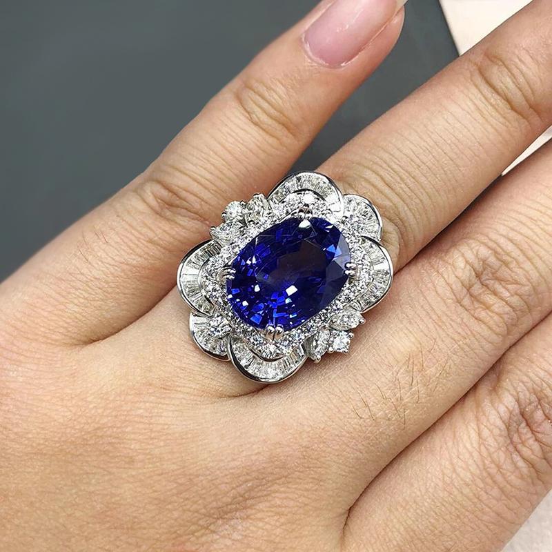 Huitan Aesthetic Women Ring Inlaid Bright Blue Cubic Zirconia Elegant Finger Accessories  Jewelry for Wedding Engagement
