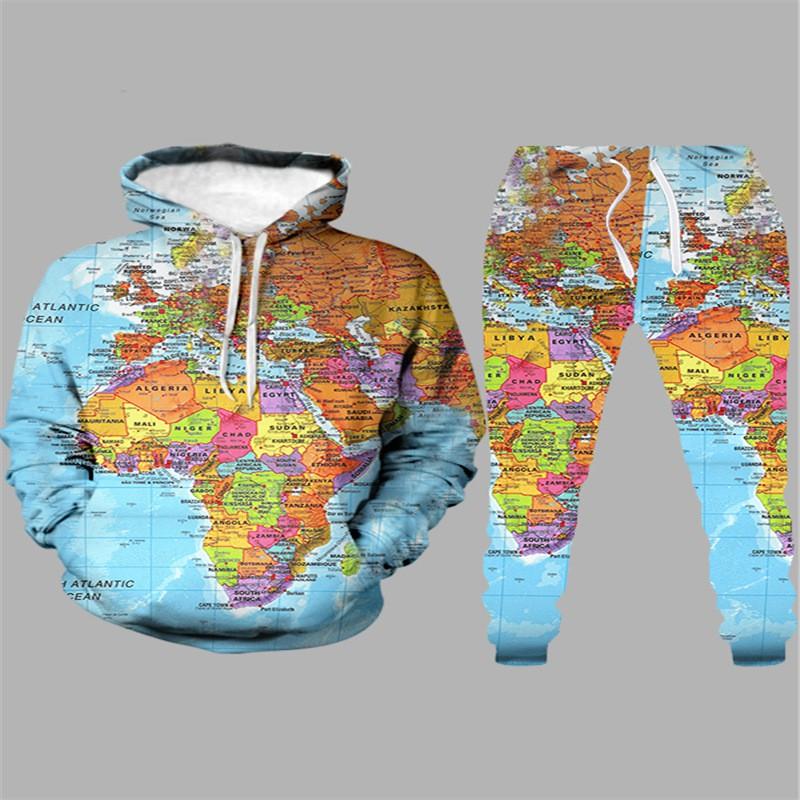 Colorful Map Print Couples Matching Hooded Sweatshirt Jogger Set Fall Casual Sportswear Men