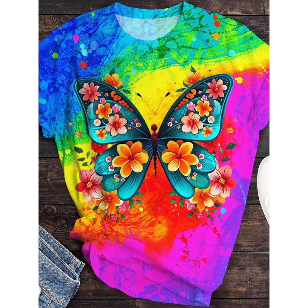 Summer Swan Butterfly T-shirt Flower 3D Printed Women's Casual Round Neck Short Sleeve T-shirt Harajuku T-shirt Women's Top