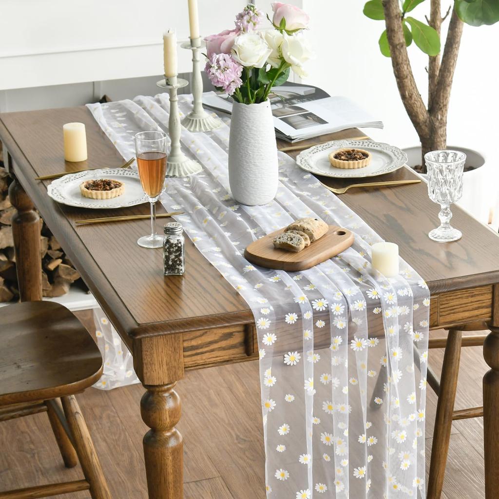 Artoid Mode White Daisy Summer Gauze Table Runner 120 Inch 10FT, Seasonal Sheer Dining Wedding Holiday Birthday Table Decor for Home Party