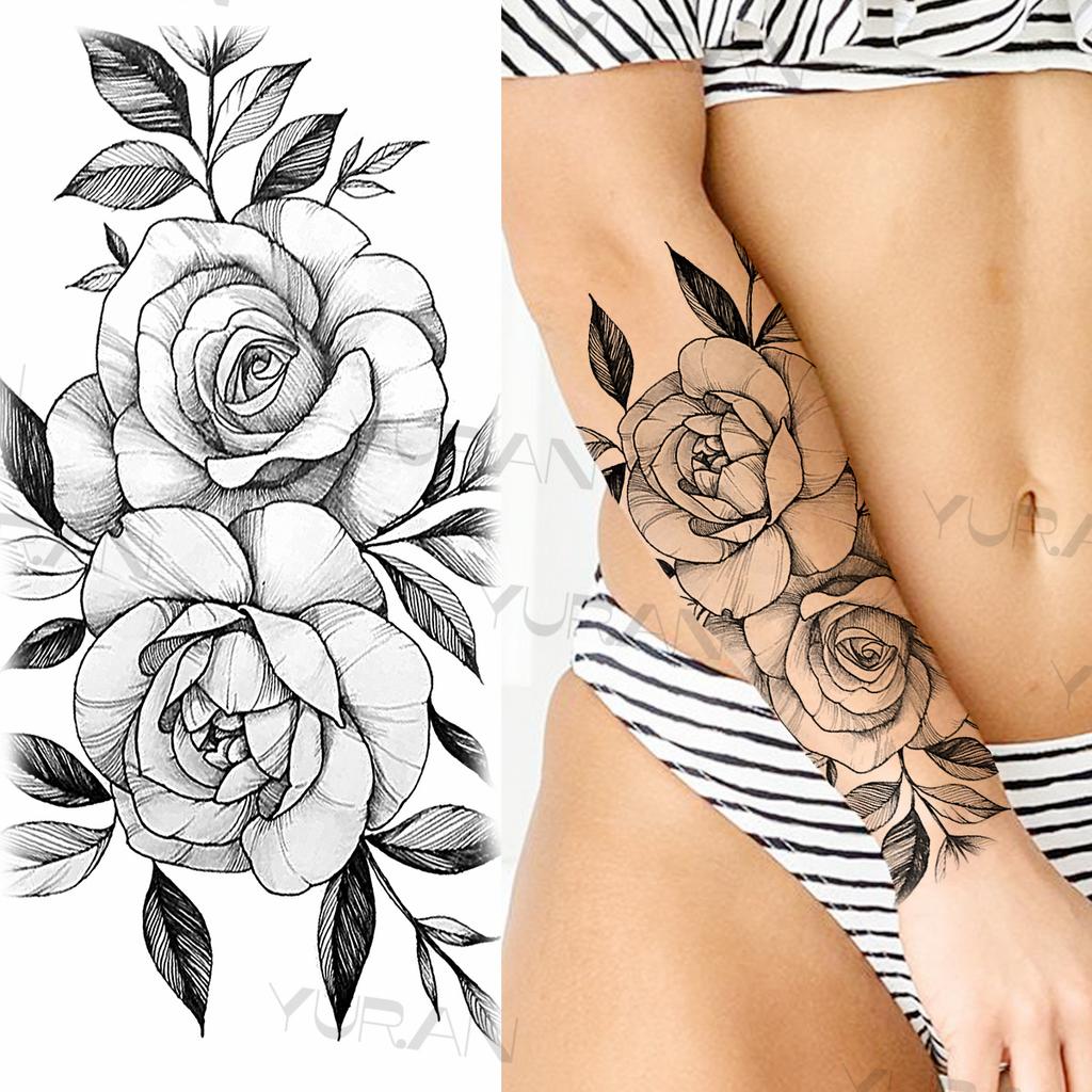 Large Colorful Rose Flower Temporary Tattoos For Girls Women Anchor Fake Gemstone Pendant Tattoo Paste Arm Body Tatoos Creative