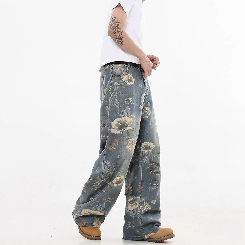JYL Unisex Flower Print Jeans  Vintage Loose Straight Wide-Leg Denim Pants