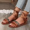 Large size strap flat sandals women's new leopard print round head ankle ring lace-up casual beach women's shoes