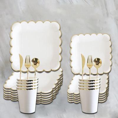 8 Guests White Gold Theme Disposable Tableware Golden Edge Square Plates Cups Napkins Wedding Babyshower Birthday Party Supplies