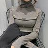 Autumn Winter Fashion All-match Turtleneck Solid Color Tops Women's Clothing Korean Slim Lady Button Spliced Long Sleeve T-shirt