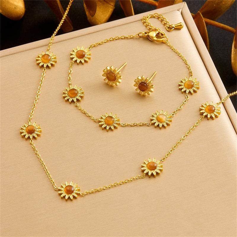 Fashionable Tiger Eye Sunflower Jewelry Set with Chain Necklace Earrings Bracelet