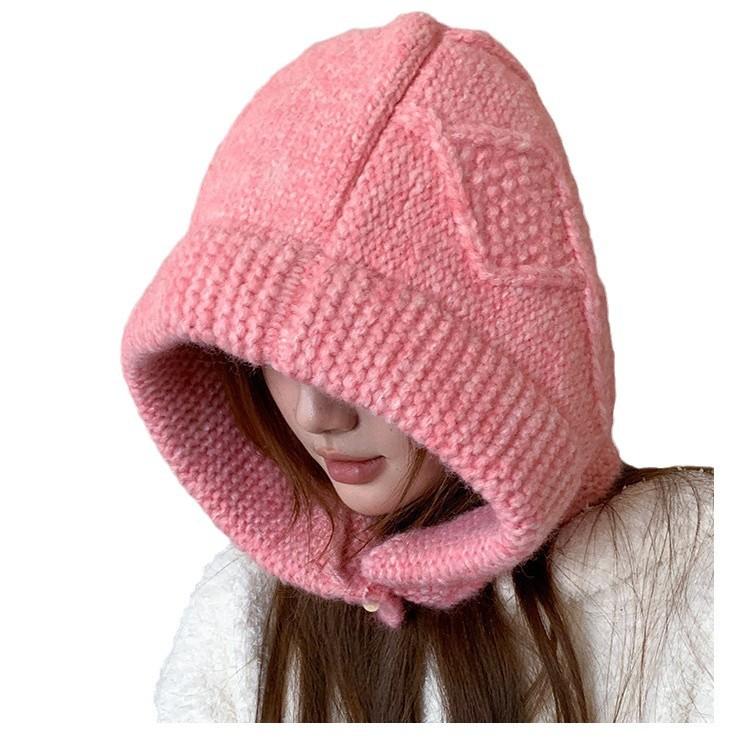 Korean Winter New Version of Balaclava Hat for Women's Warm Thick Crumpled Horn Buckle Ear Protection Head Hat