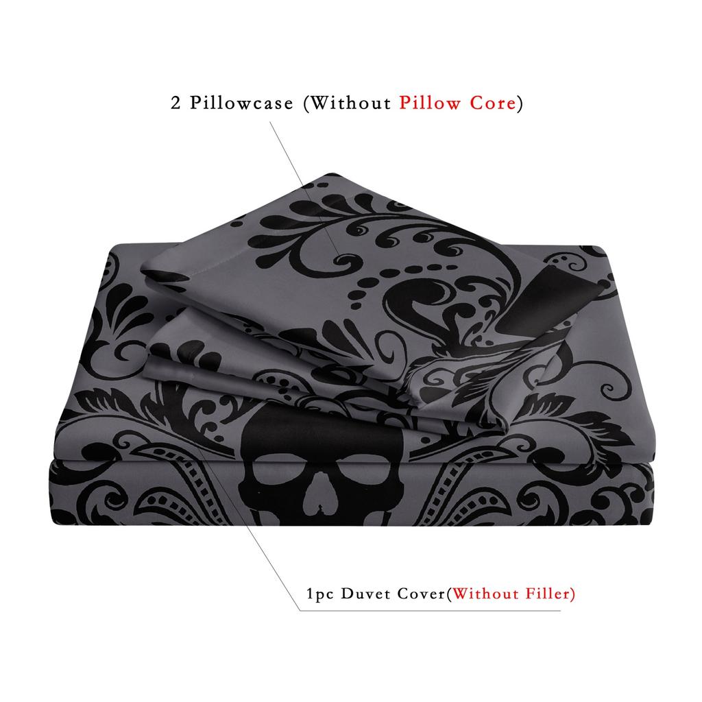 3pcs Soft & Breathable Dark Grey/Black Gothic Victorian Floral Duvet Cover with All-Season Luxury Bed Sheets, Machine Washable