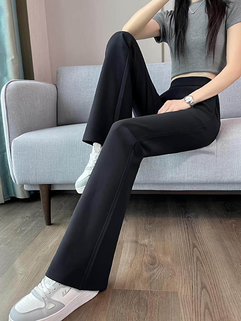 Women's Slim High-Waisted Micro-Flare Black Pants for Spring/Summer, Stretchy and Casual