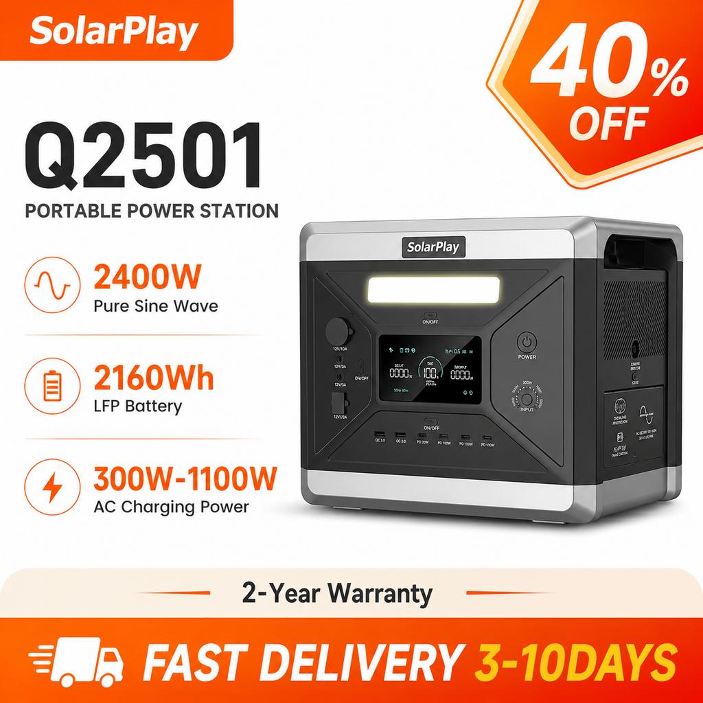 SOLARPLAY Q2501 2400W (4800W Peak) Portable Power Station, 2160Wh LiFePO4 Battery Solar Generator with AC Output for Party