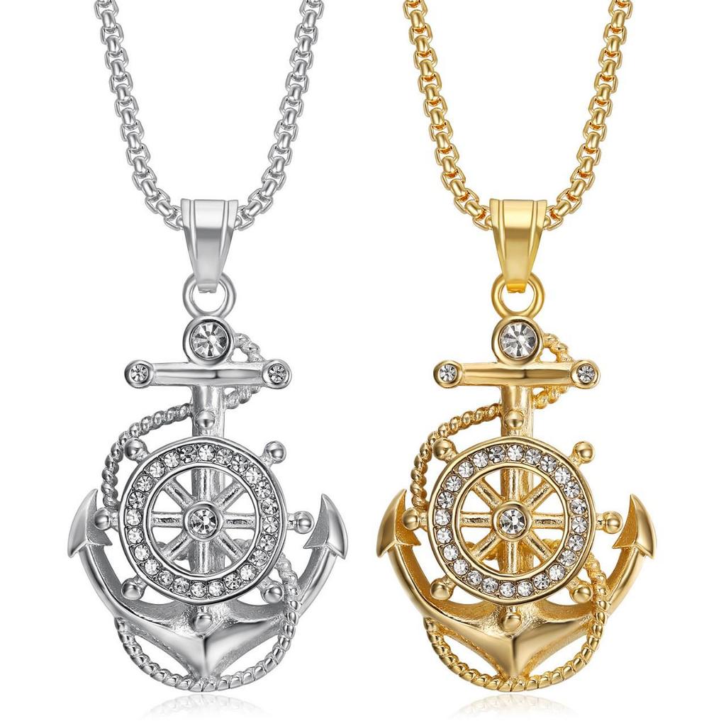 European & American Style Hip Hop Metal Alloy Rhinestone Anchor Pendant Necklace
