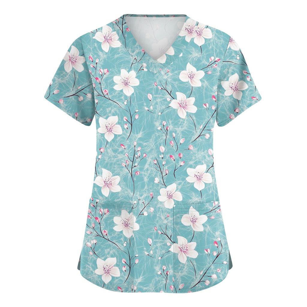 Women's Fashionable V-neck Workwear Printed Short Sleeved Pocket Side Slit Workwear Basic Pullover Top