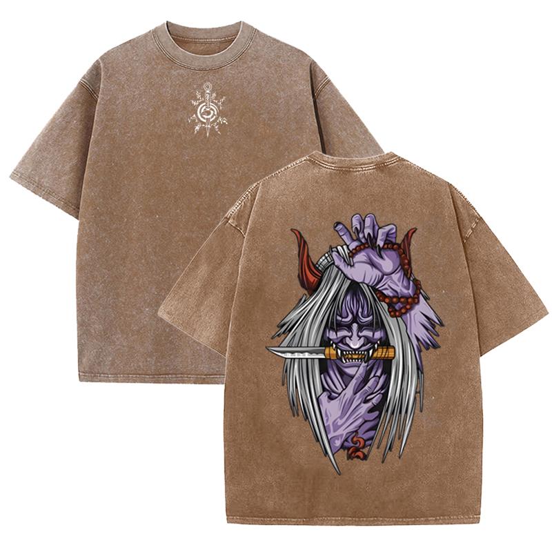 Japanese Hannya Demon Graphic Print Vintage Washed Gray Casual Streetwear Tee