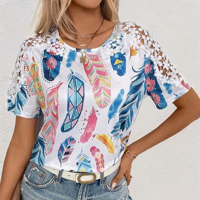 Women's Fashion Casual Summer Spring Feather Print Short Sleeve O-Neck Blouses & Shirts