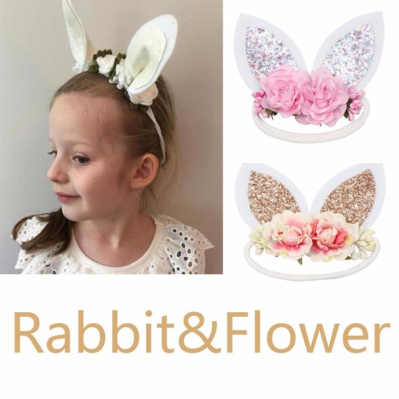 Buy Glitter Rabbit Ears Headband Kids Flower Nylon Hair Bands Girls