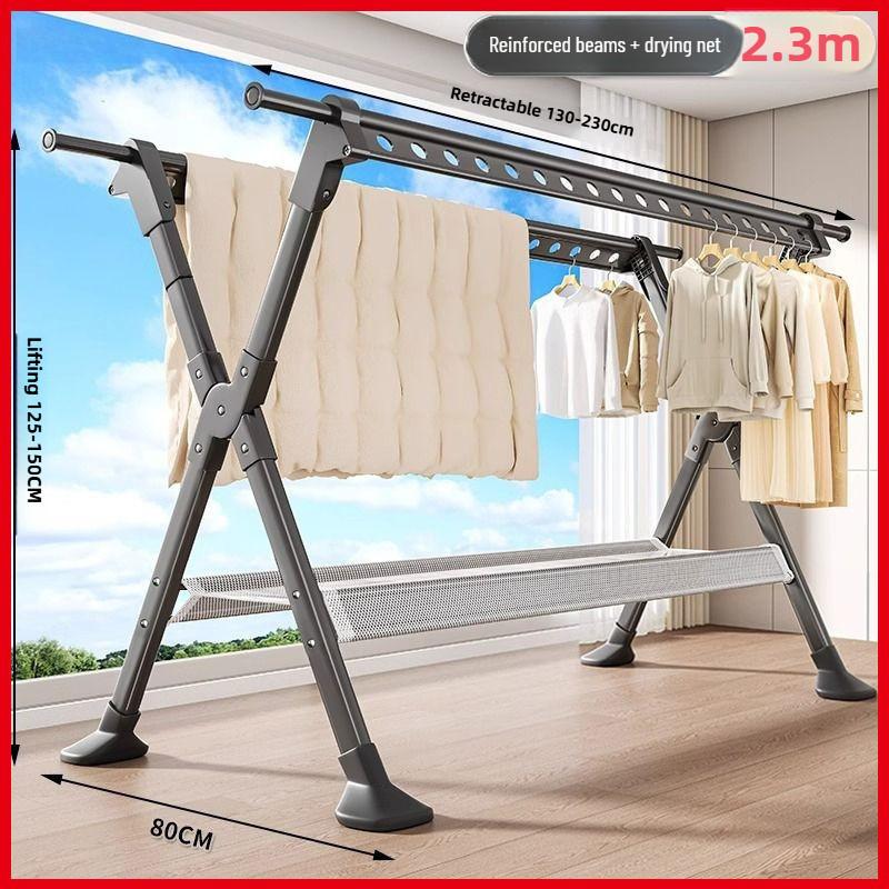 Thickened Aluminum Waterproof Clothes Drying Rod Balcony Retractable Clothes Hanger Household Floor-standing Clothes Drying Rack
