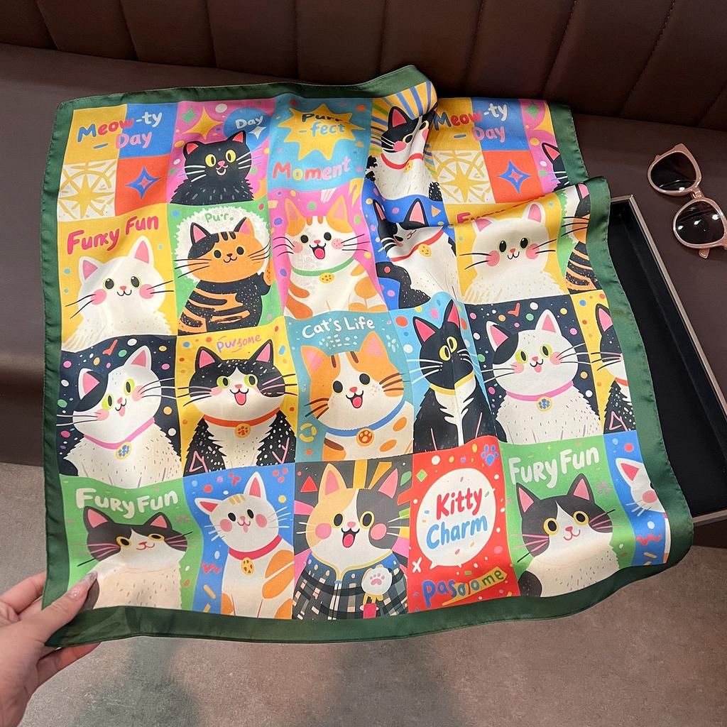Lightweight Printed Small Square Scarf for Women, Cute Cat Floral Neck Warmer Windproof Bandana Hair Band Silk Scarf for Women