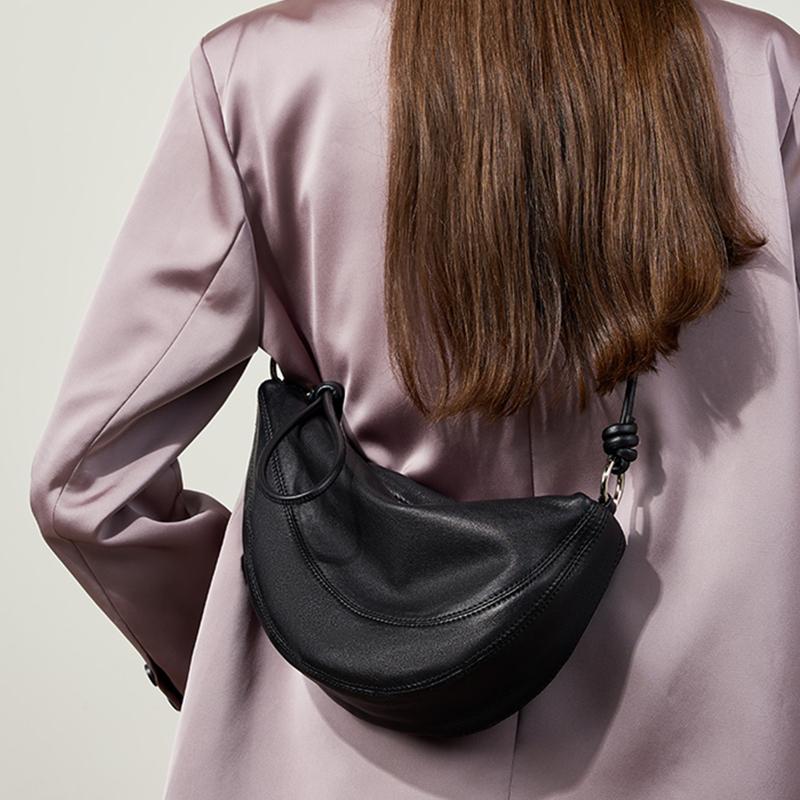 Genuine Leather Hobo Shoulder Crossbody Bags For Women  Trend Designer Half Moon Silver Ladies Handbags