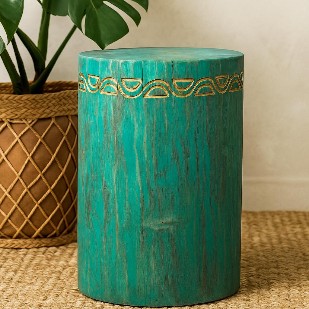 Stool Side Table, Turquoise Albasia Wood