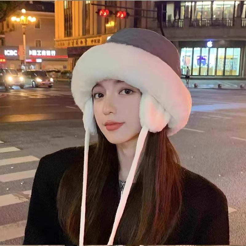 Hat Female Autumn and Winter Warm Ear Protector Basin Hat Cute Cold Hat Bucket Hat Down Thickened Windproof Cotton Hat