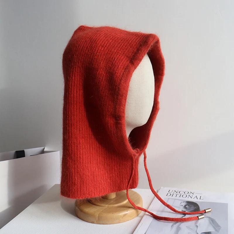 Kaninchenfell Gestrickter Schal Kapuze Sturmhaube Damen Kaschmir Mützen Winter Unisex Warm Ski Mütze Outdoor Ohrenschutz Mütze