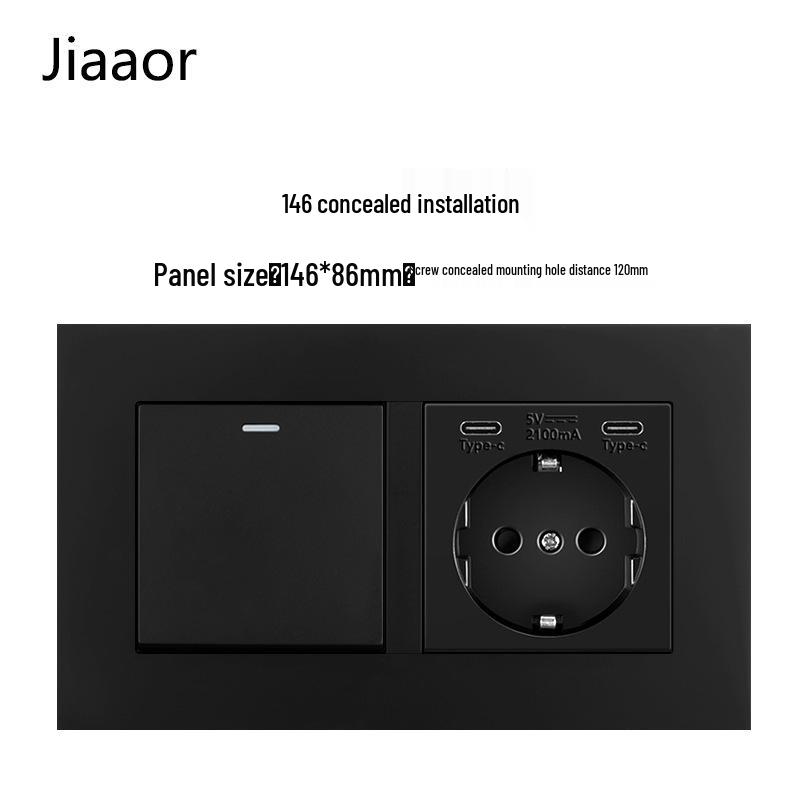 16A Black European Double Gang German-Style Switch & USB/Type-C Socket for Concealed Installation