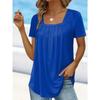 Women Square Neck Short Sleeve Blouse With Pleated Front And Curved Hem Casual Multi Color Summer Top