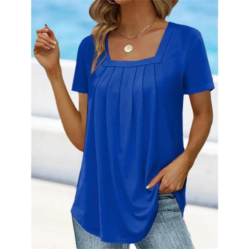 Women Square Neck Short Sleeve Blouse With Pleated Front And Curved Hem Casual Multi Color Summer Top