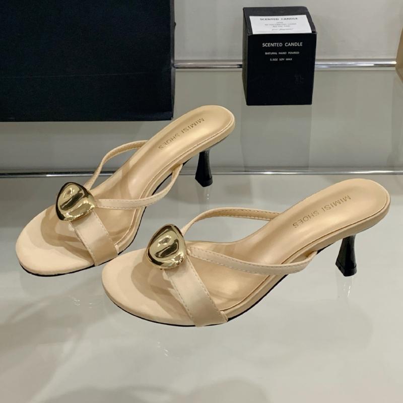 

Fashion Fashion Metal Decoration Brand Slippers Women Summer Open Toe Narrow Band Design Slide Sandals Elegant Comfort High Heel Sandals 35 золотой