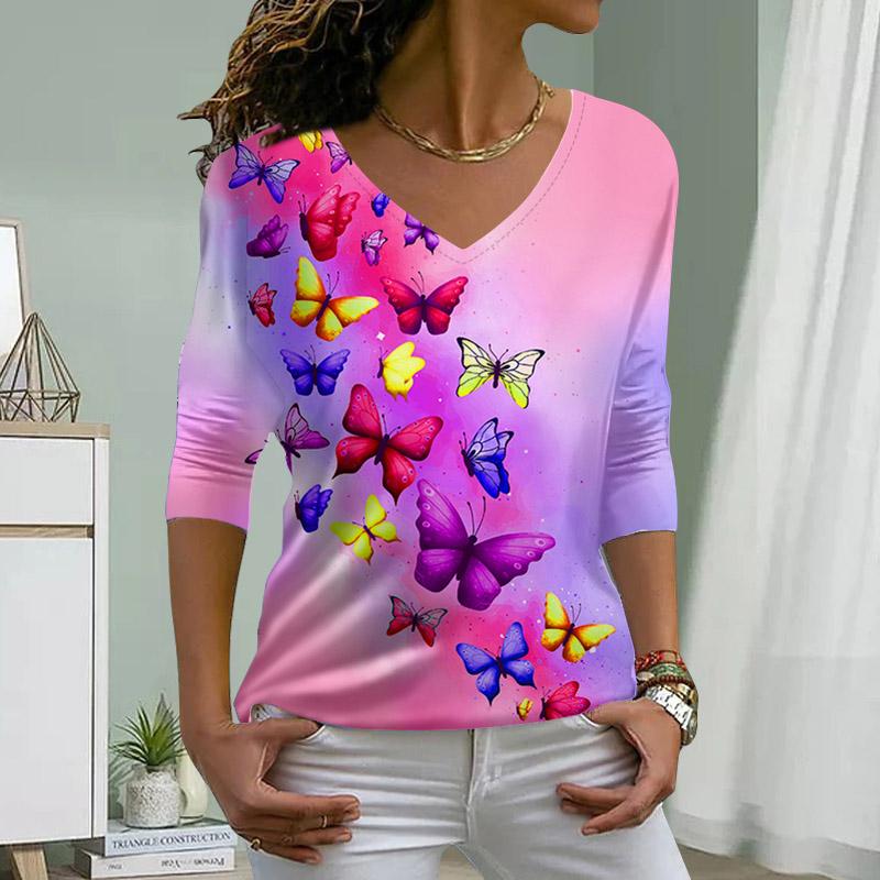 Pink Butterfly Print Women Tshirts Ladies Tops Long Sleeve V-neck Pullover Femme T-shirts T Shirt For Women