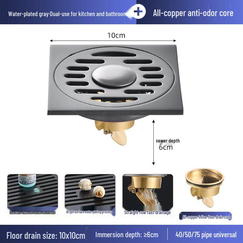 Gunmetal Gray 304 Stainless Steel Odor-Resistant Floor Drain with Copper Core for Shower & Washing Machine.
