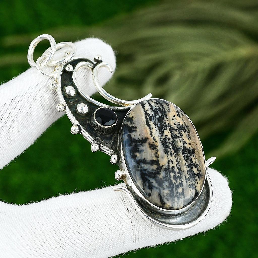 Sterling Silver Oval Honey Dendrite Opal Stone Spinel New Bezel Pendant Jewelry