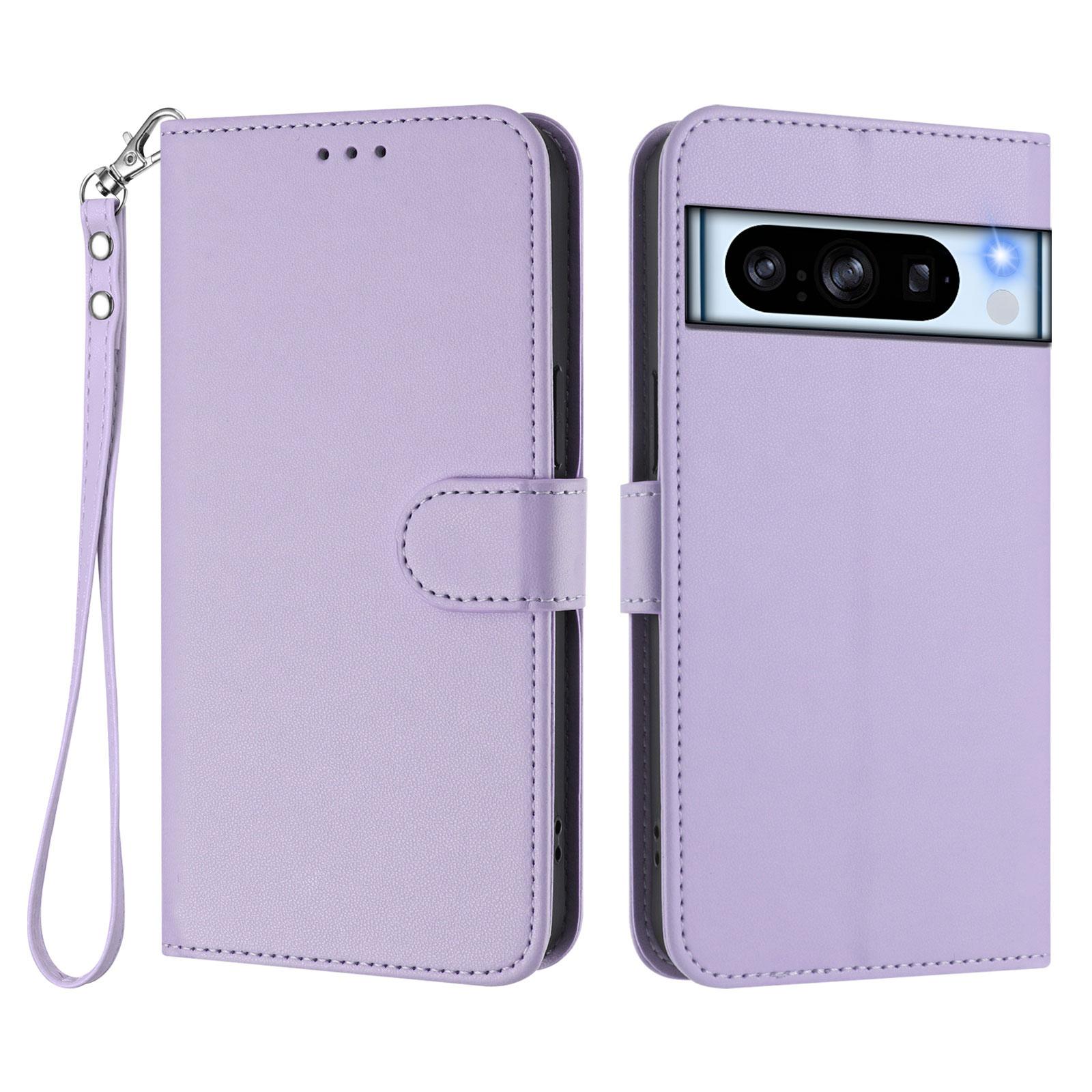 

For Google Pixel 8 Pro Leather Case Wallet Stand Phone Cover with Wrist Strap Light Purple