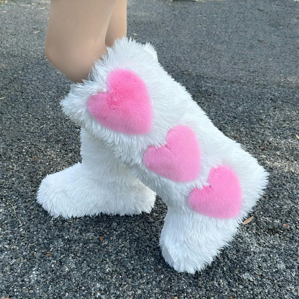IPPEUM Knee High Fur Boots Heart 2025 New Shoes Plus Size 44 Plush Long Boots