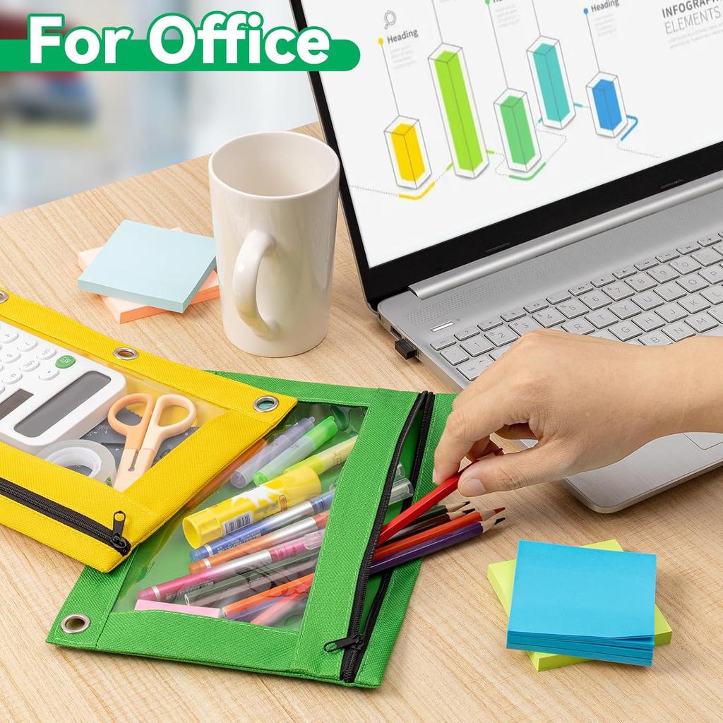 V-Opitos Pencil Pouch for 3 Ring Binder, Bulk 6 Pack 3-Holes Zipper Pencil Pouches In Assorted Colors, Sturdy and Durable Cloth Pencil Case with