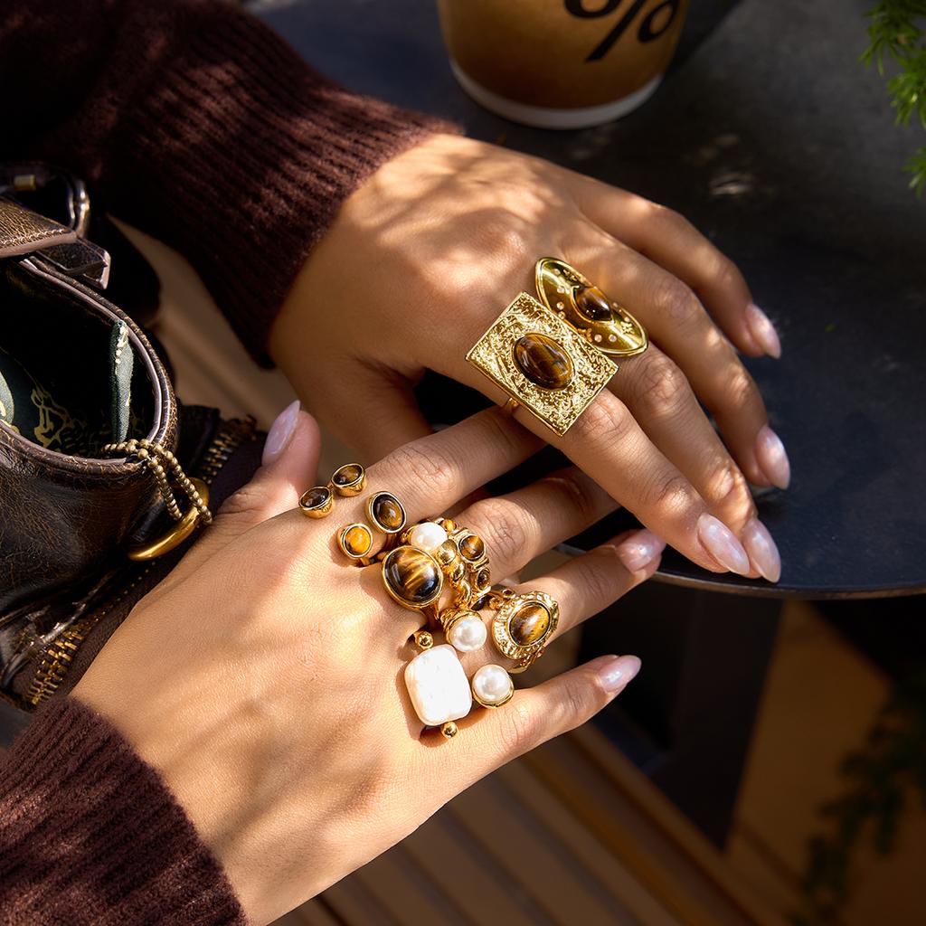 Yori Stainless Steel Tiger's Eye Double-Layer Opening Ring 18K Gold Color PVD Plated Charm Finger Fashion Jewelry Wholesale