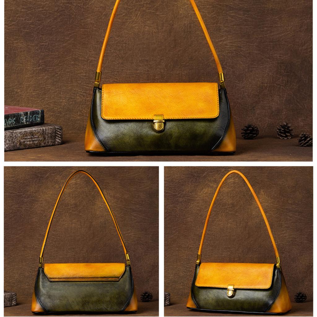 Underarm Baotou Layer Leather Countercolor Handbag Retro Simple Baguette Bag Retro Women's Bag