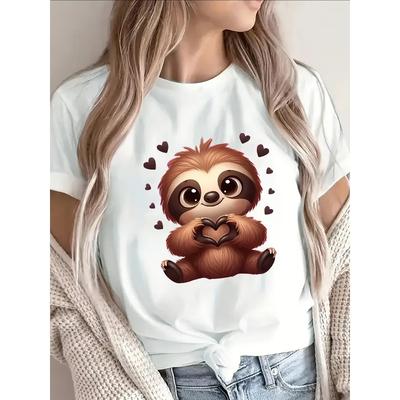 Niedliche Faultier-Herz-Grafik auf einem schwarzen Kurzarm-T-Shirt für Damen, Europäische Größe, Leicht und Robust, Ideal für Entspannte Ausflüge
