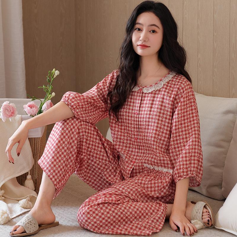 Lyocell pajamas women's spring summer seven-quarter-sleeved nine-point pants middle-aged mother cardigan casual loungewear thin suit