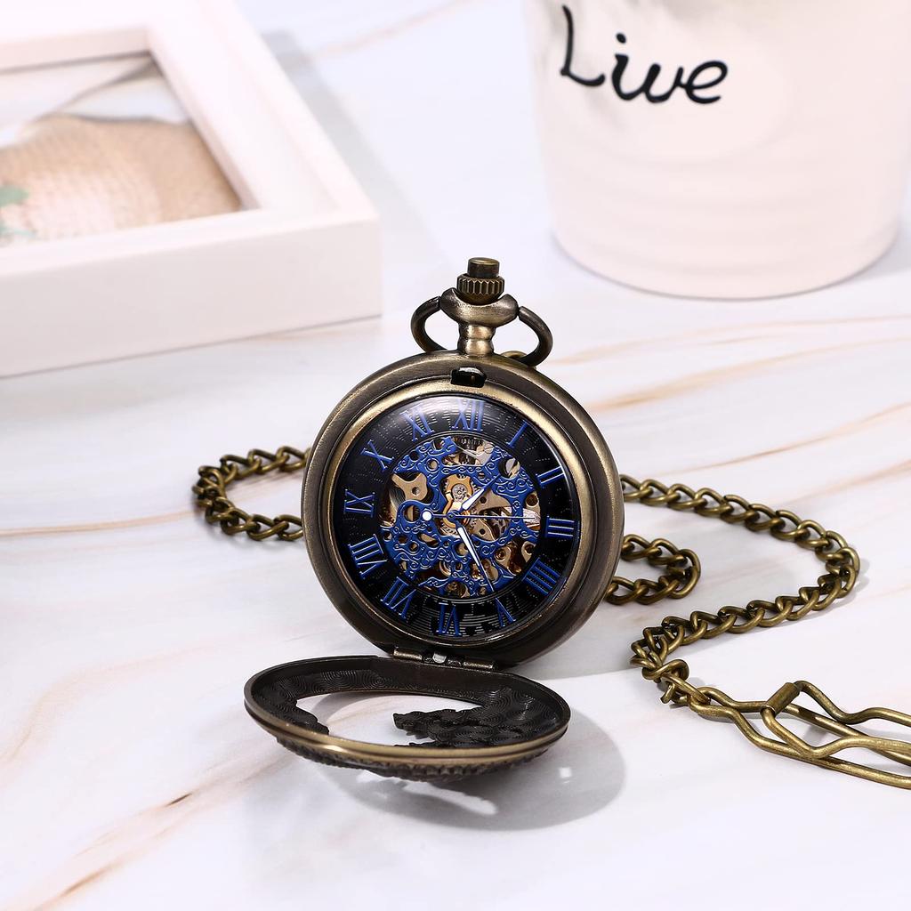Pocket Watch Automatic Winding Mechanical Dragon Roman Alphabet Analog Display Skeleton Waterproof Retro Antique Pendant Watch Pocket Watch with Chain