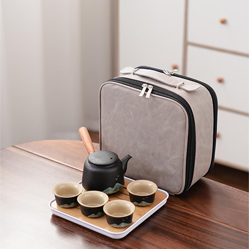 Black Pottery Travel Kung Fu Tea Set Portable Household Outdoor Ceramic Tea Pot Drinking Tea Cup Dry Brewing Plate Small Set