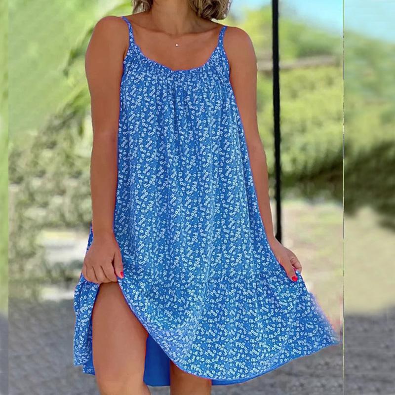 

Летнее повседневное женское модное платье с высокой талией Платья без рукавов для женщин Платье с цветочным принтом Платье с круглым вырезом Свободное платье Пляжное платье M синий