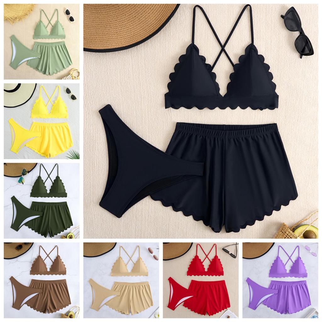 Women's 3 Piece Swimsuit Set Sexy Tie Side Bikini with Skirt Cover Up, Solid Color Swimwear for Summer Beach Vacation 0963