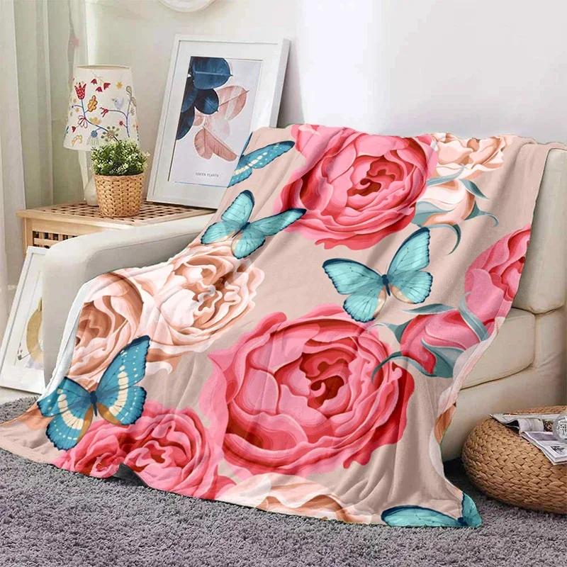 Pink Rose Flowers Printed Blanket for Sofa Bed Travel Camping Living Room Office Conditioning Blanket for All Seasons Gifts