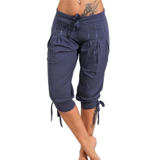 Plus Size Casual Women's Solid Color Sequined Pleated Drawstring Capri Pants